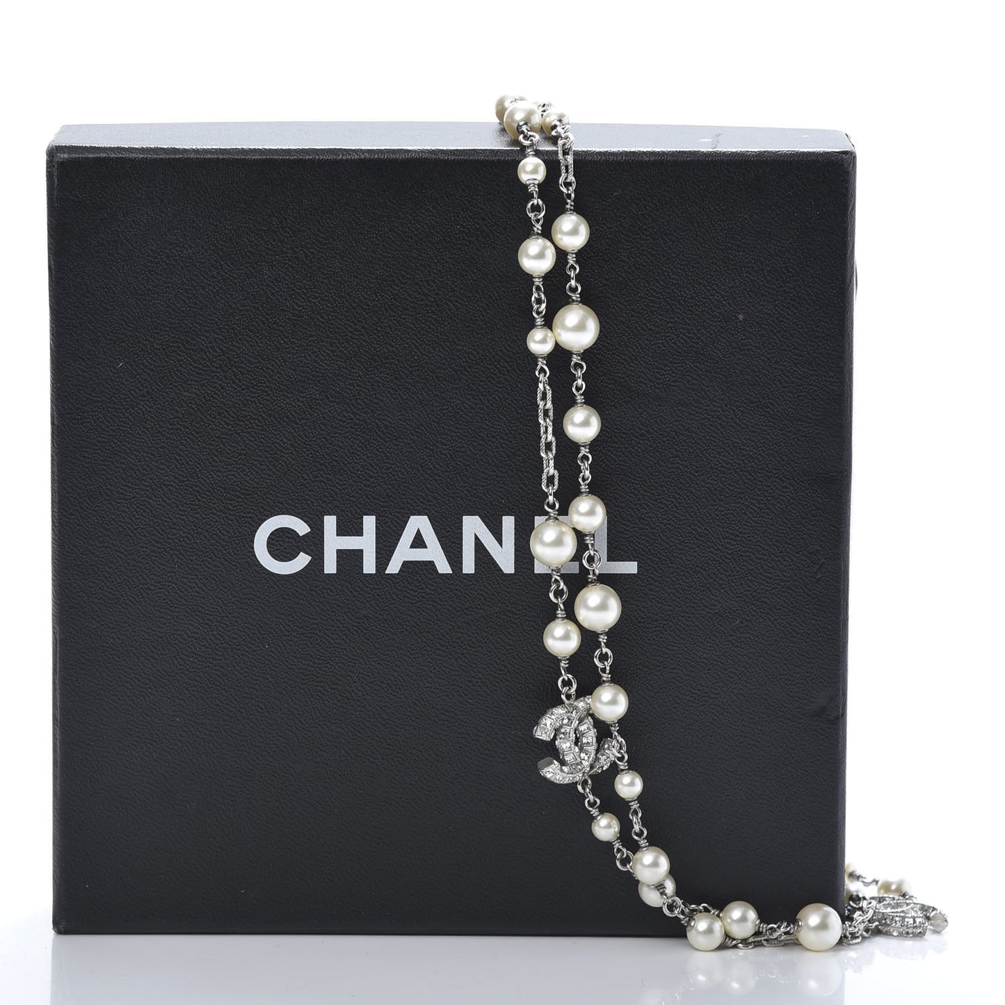 Pearl Baguette Crystal CC Long Necklace Silver