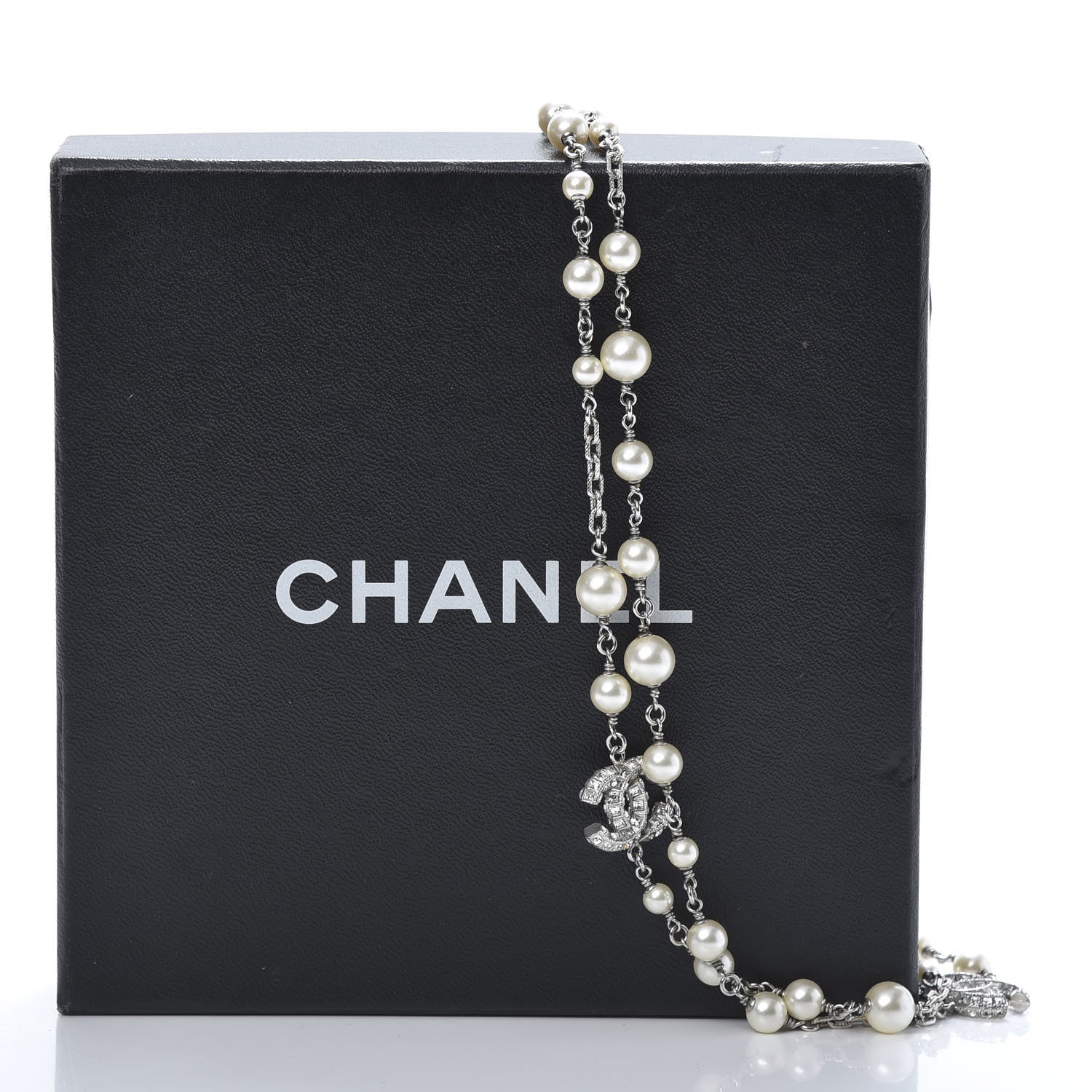 Chanel Pearl Baguette Crystal CC Long Necklace Silver 5 of 5
