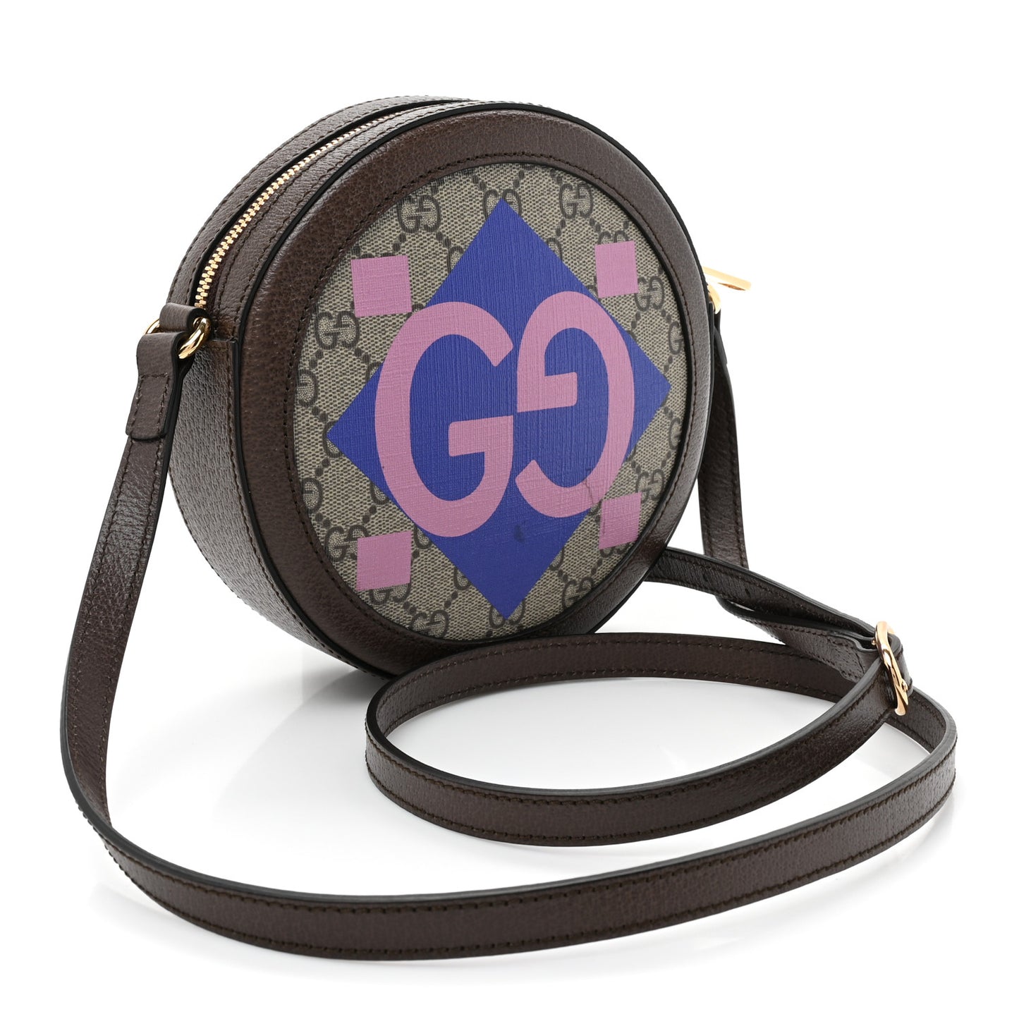 GG Supreme Monogram Equestrian Web Mini Ophidia Round Shoulder Bag Brown