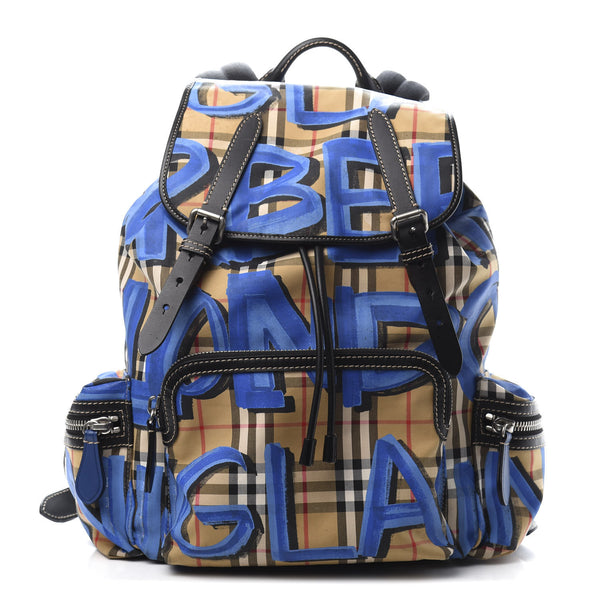 burberry colour block vintage check and leather backpack- blue/orange range Burberry Vintage Check Graffiti Print Large Rucksack Backpack Blue Antique  Yellow 646215 – FASHIONPHILE