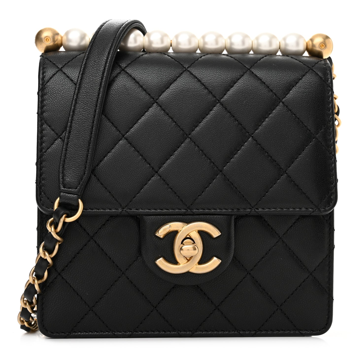 Goatskin Quilted Chic Pearls Flap Black