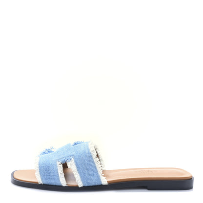 Hermes Denim Oran Fringe Sandals 37.5 Bleu Clair 1 of 8