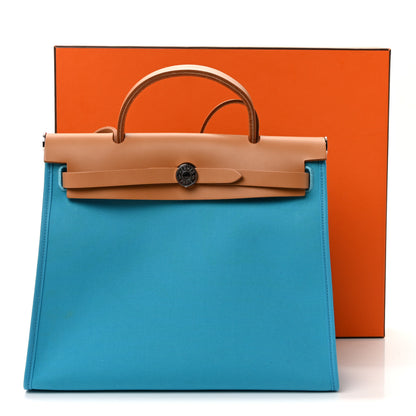 Hermes Vache Hunter Toile Herbag Zip 31 PM Bleu Azteque Menthe 11 of 11