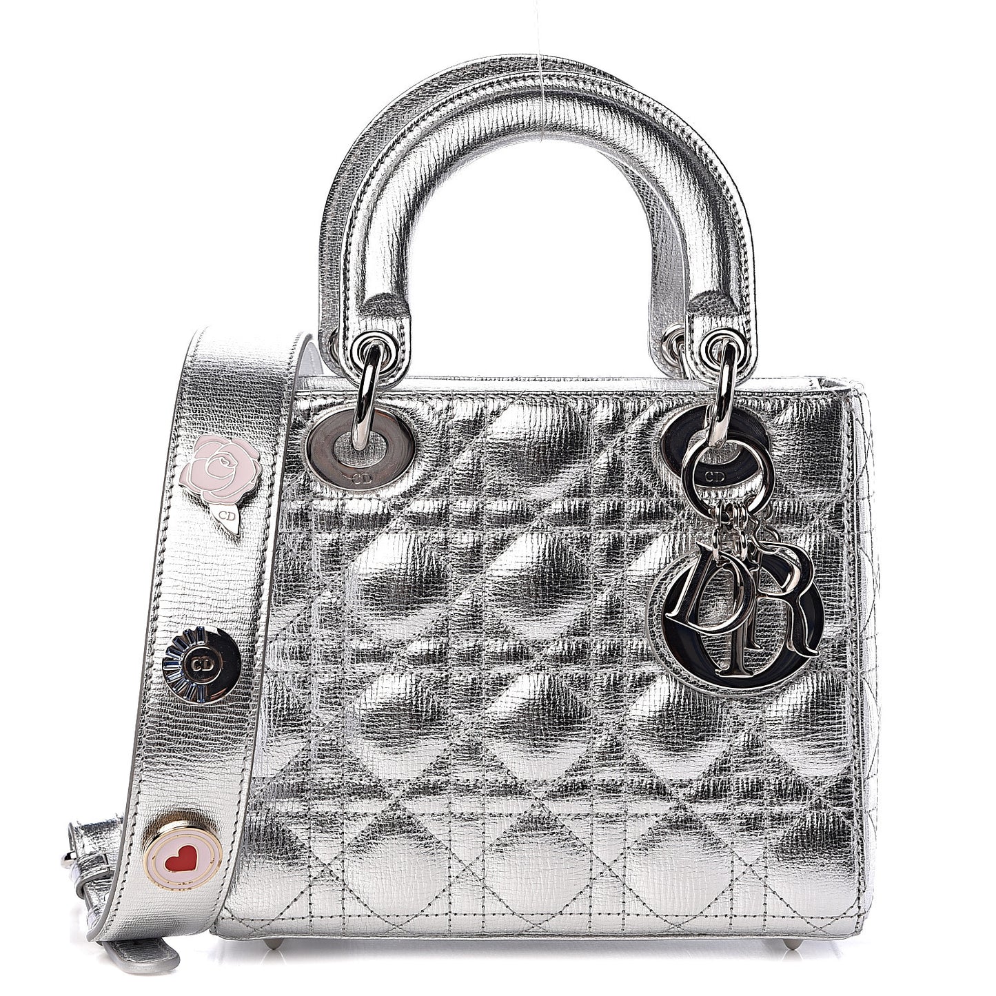 Metallic Grained Calfskin Cannage Small Lucky Badges My Lady Dior Silver