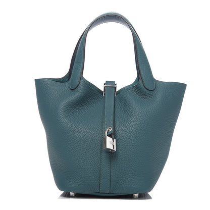 Hermes Taurillon Clemence Eclat Picotin Lock 18 PM Vert Bosphore Deep Blue 1 of 11