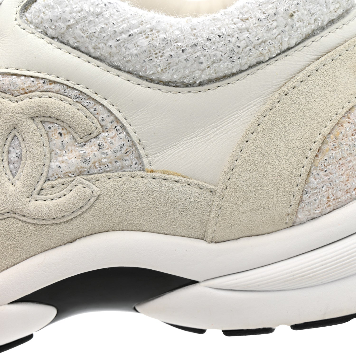 Chanel Painted Iridescent Cotton Tweed Suede Womens CC Sneakers 39 White Silver Multicolor 14 of 16
