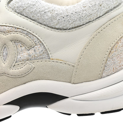 Chanel Painted Iridescent Cotton Tweed Suede Womens CC Sneakers 39 White Silver Multicolor 14 of 16