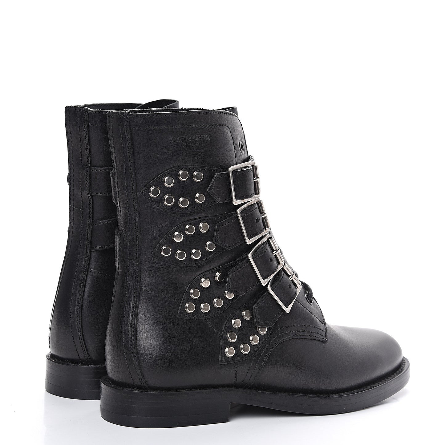 Smooth Calfskin Studded Strap Rangers Boots 36.5 Black