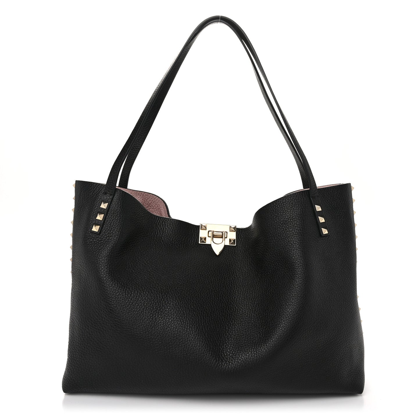 Grainy Calfskin Medium Rockstud Tote Black Rose Quartz