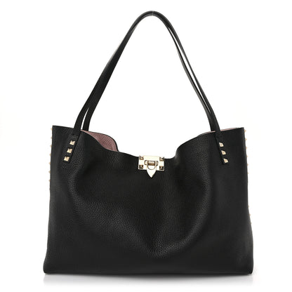 Valentino Garavani Grainy Calfskin Medium Rockstud Tote Black Rose Quartz 1 of 9