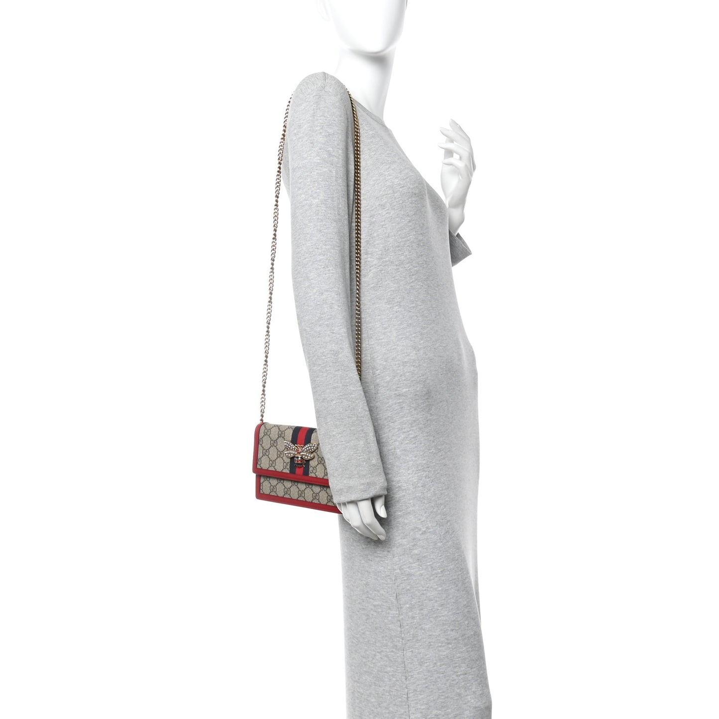 GG Supreme Monogram Web Queen Margaret Chain Wallet Red