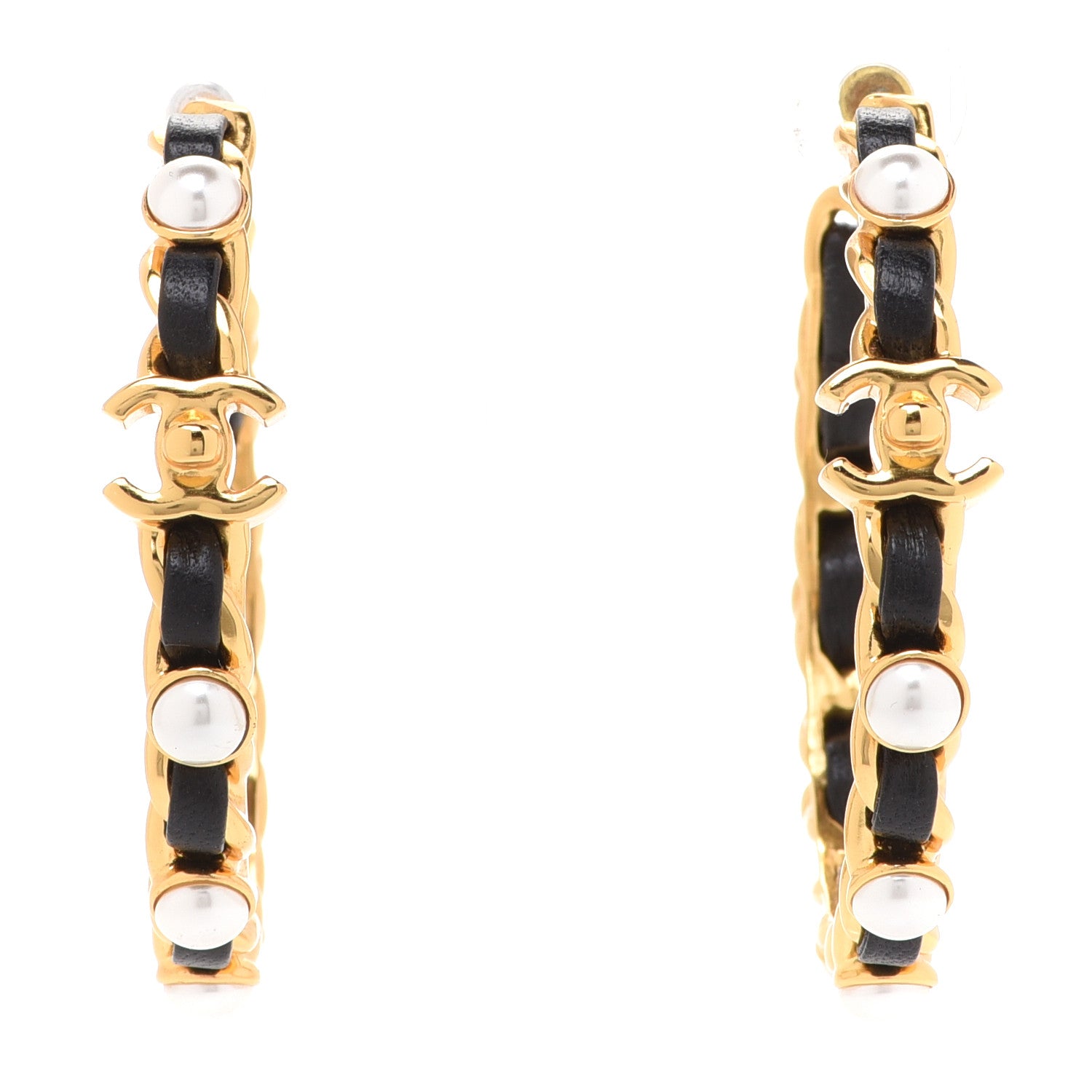 Chanel Lambskin Pearl More Is More CC Chain Hoop Earrings Gold Black 1 of 5