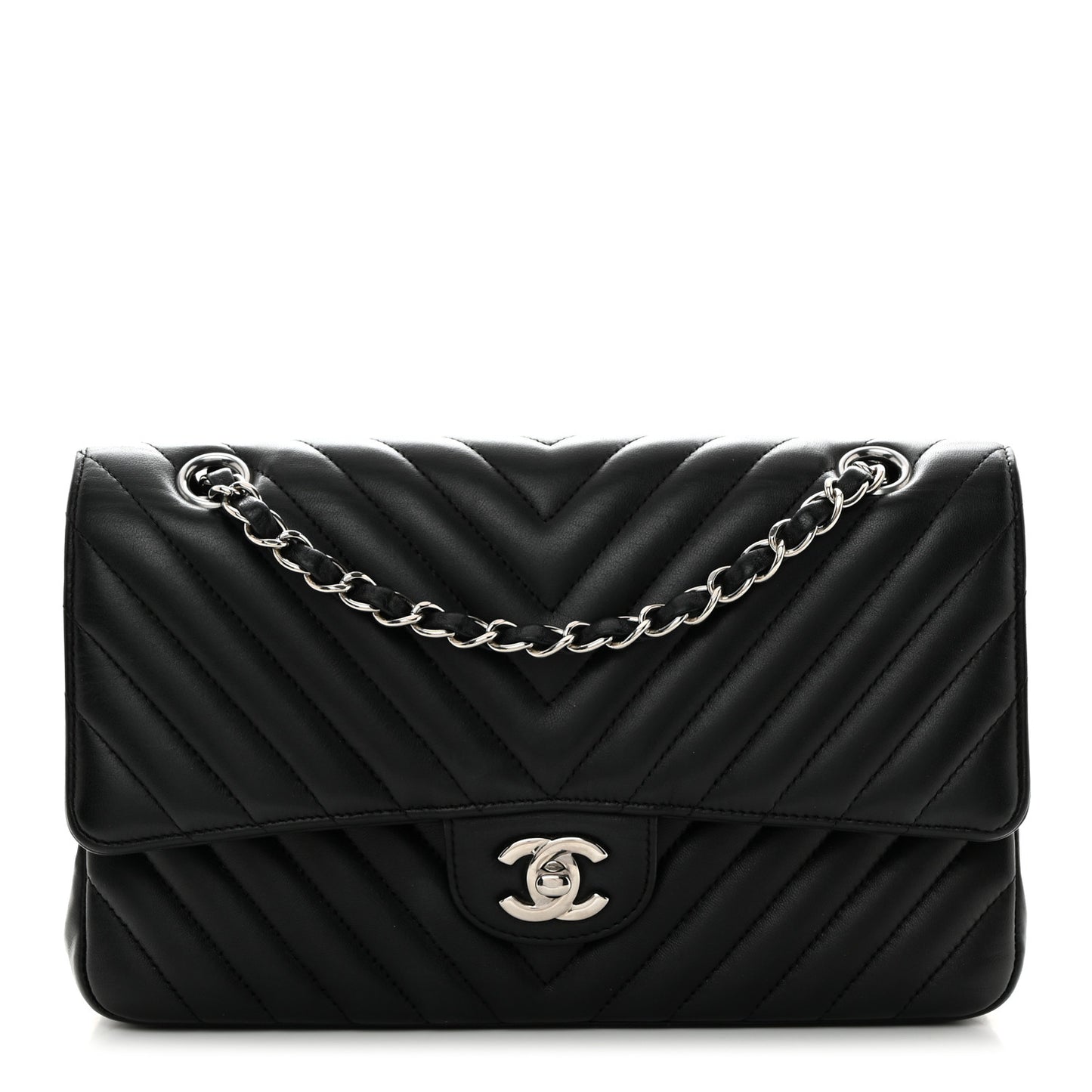 Lambskin Chevron Quilted Medium Double Flap Black
