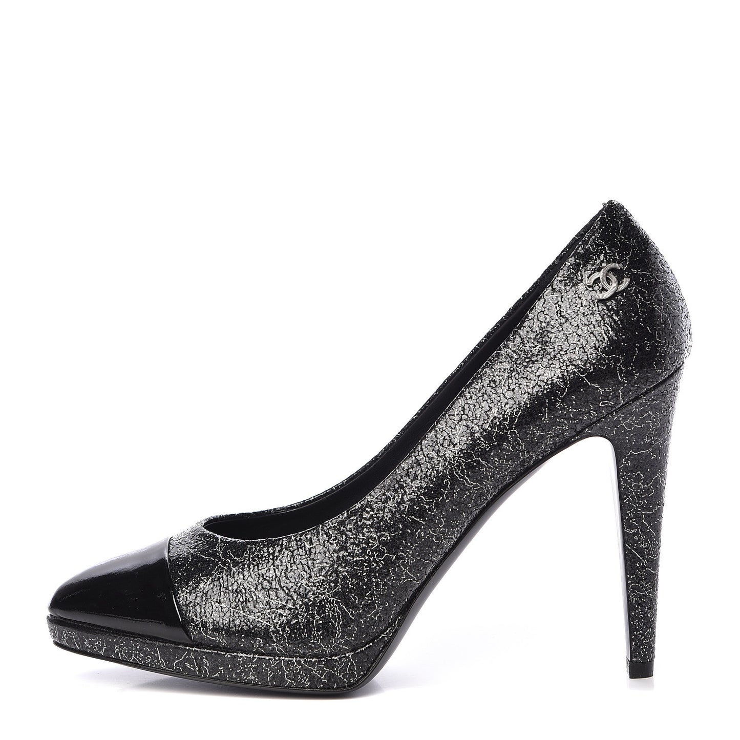 Metallic Crackled Calfskin Patent Cap Toe Pumps 40.5 Silver Black