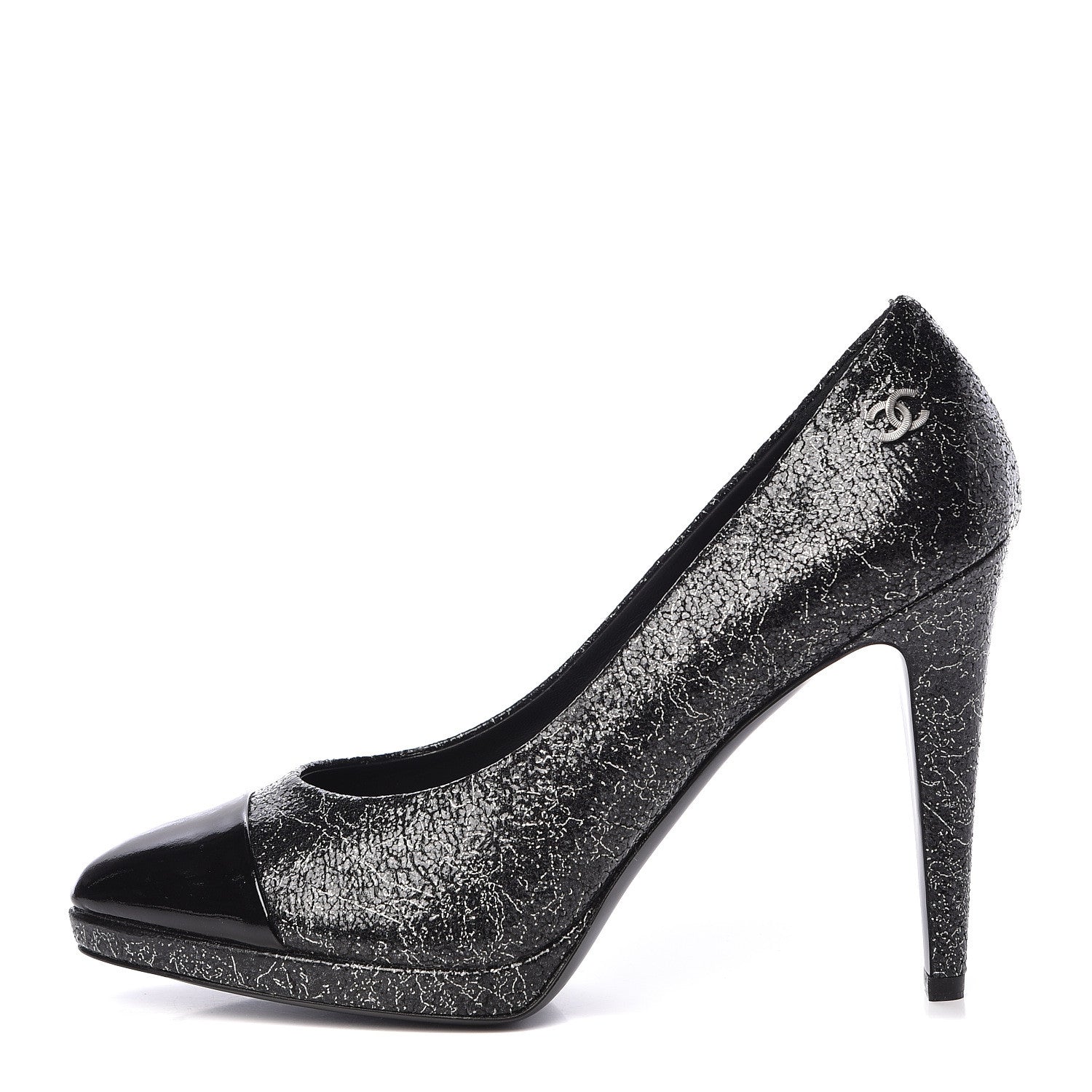 Chanel Metallic Crackled Calfskin Patent Cap Toe Pumps 40.5 Silver Black 1 of 10