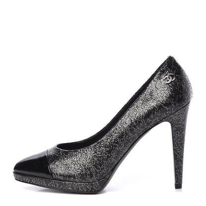 Chanel Metallic Crackled Calfskin Patent Cap Toe Pumps 40.5 Silver Black 1 of 10