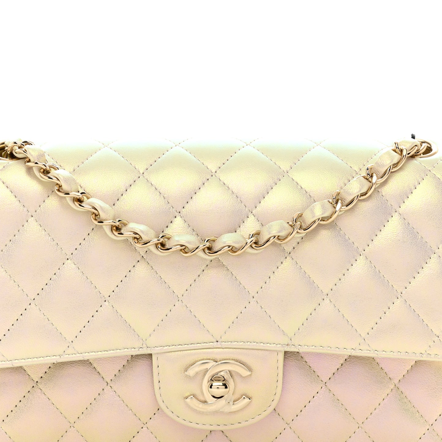 Iridescent Lambskin Quilted Medium Double Flap Ivory