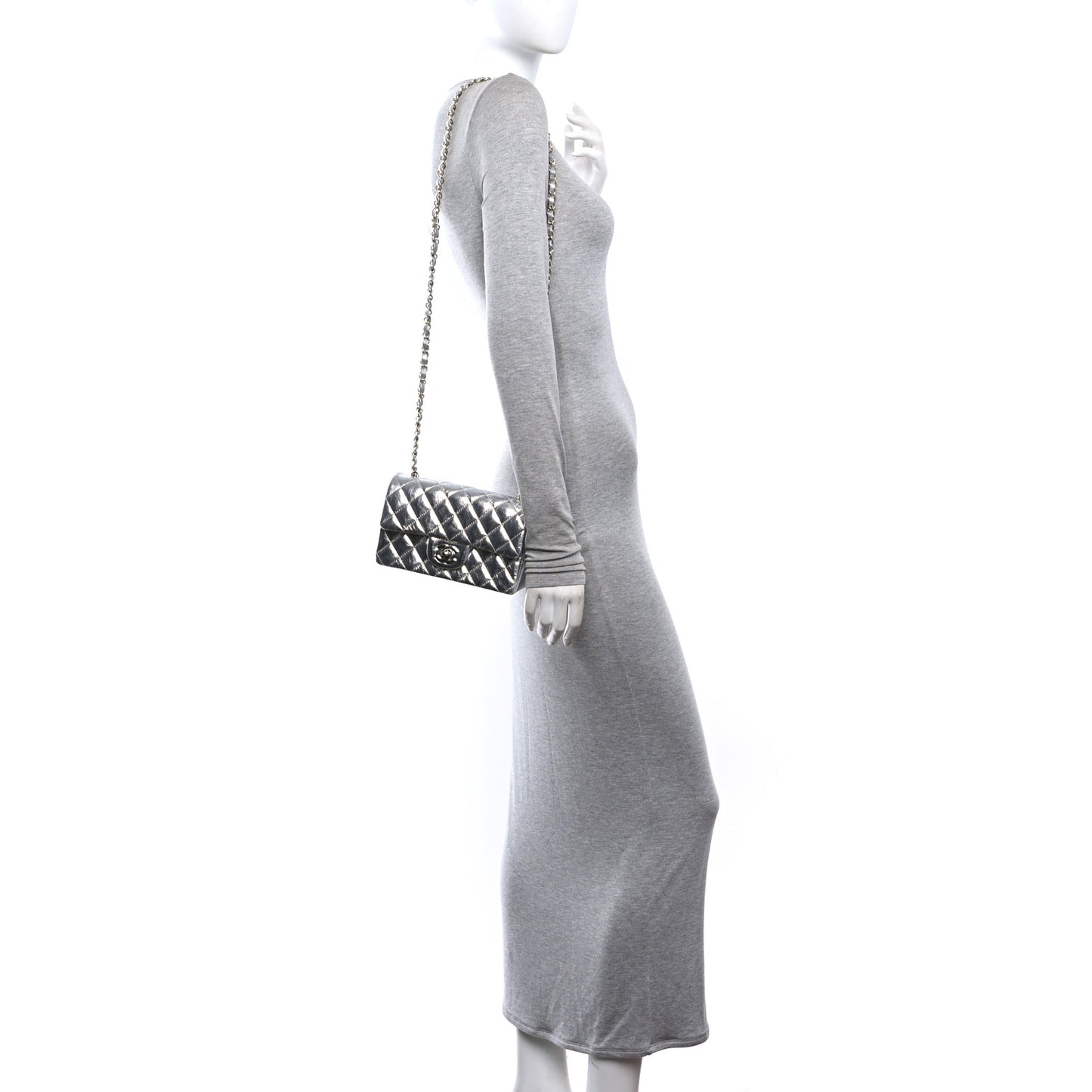 Hammered Metallic Calfskin Quilted Small Double Flap Silver