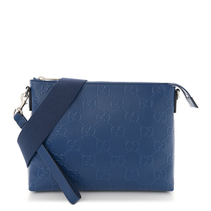 Gucci Calfskin GG Tennis Embossed Medium Wristlet Messenger Bag Intense Metal Blue 1 of 12