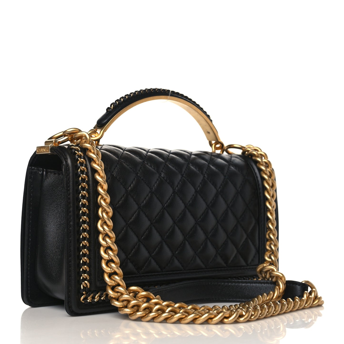 Lambskin Quilted Medium Top Handle Boy Flap Black