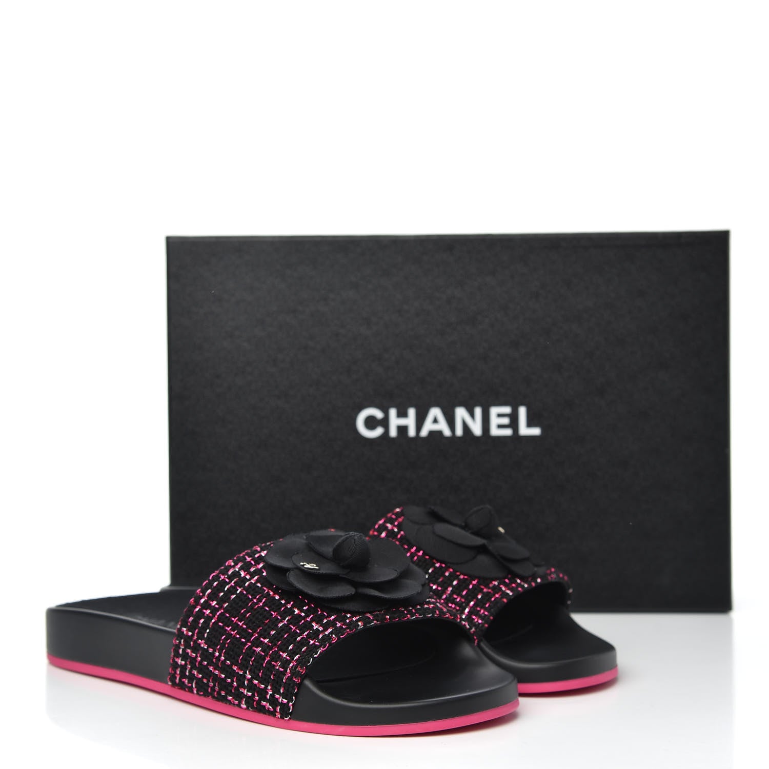 Chanel Tweed Grosgrain Camellia CC Flat Mules 40 Black Pink 8 of 8