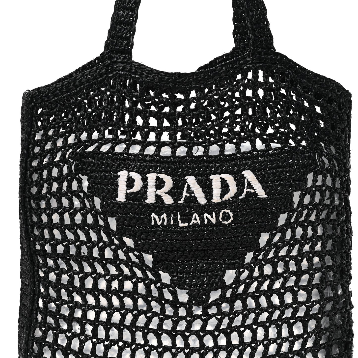 Yarn Raffia Effect Crochet Logo Embroidered Tote Bag Black