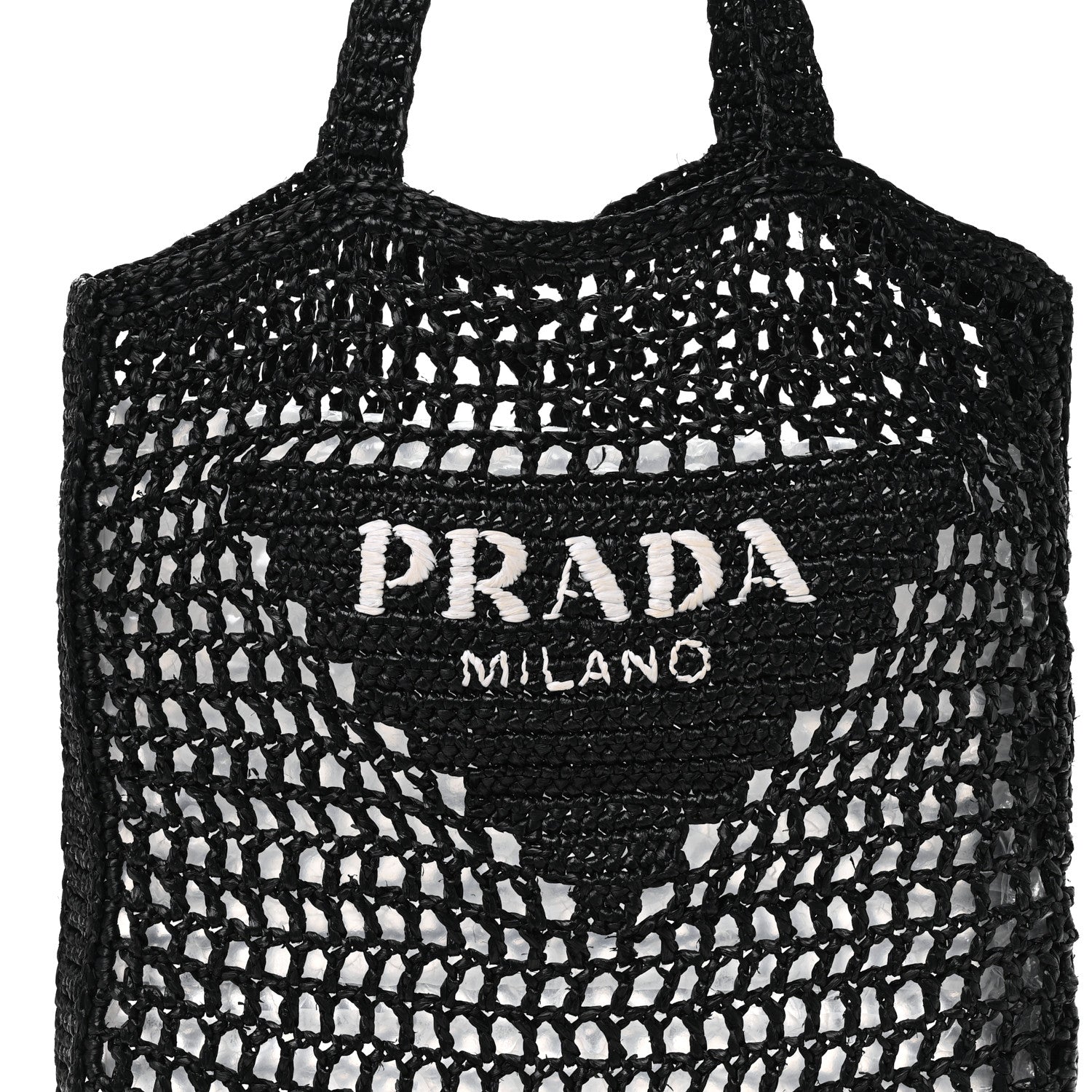 Prada Yarn Raffia Effect Crochet Logo Embroidered Tote Bag Black 7 of 9
