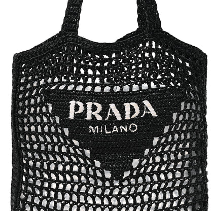 Prada Yarn Raffia Effect Crochet Logo Embroidered Tote Bag Black 7 of 9