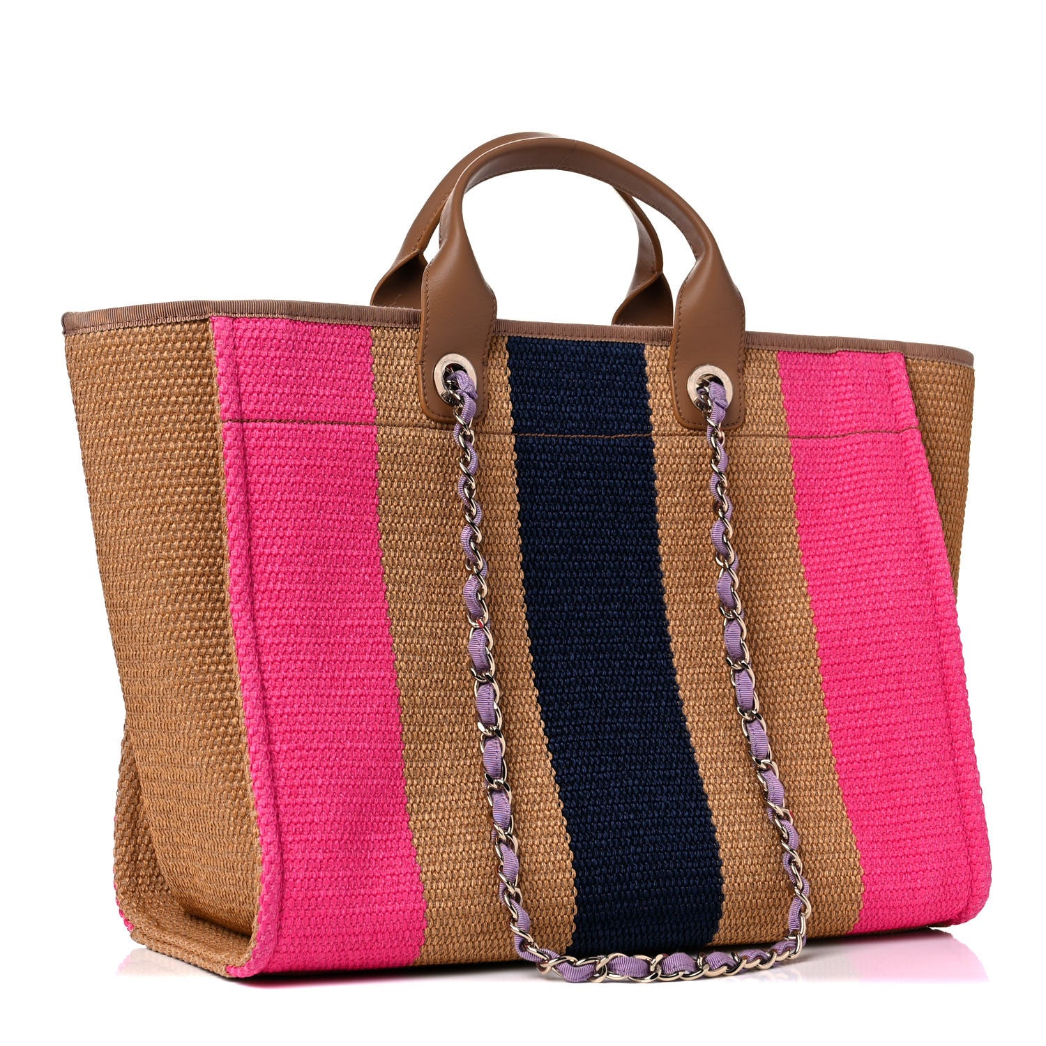 Chanel Straw Raffia Calfskin Striped Medium Deauville Tote Dark Beige Fuchsia Navy Blue 3 of 13
