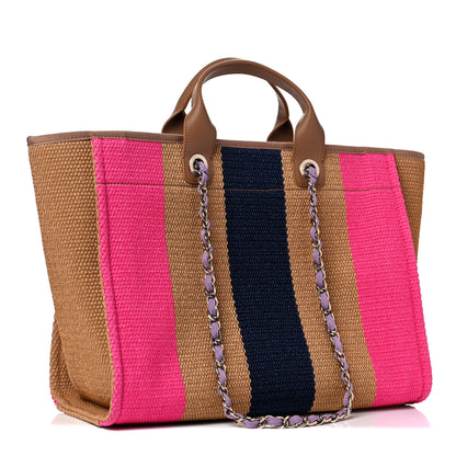 Chanel Straw Raffia Calfskin Striped Medium Deauville Tote Dark Beige Fuchsia Navy Blue 3 of 13