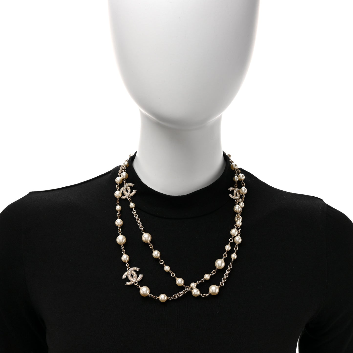 Pearl Crystal CC Long Necklace Gold