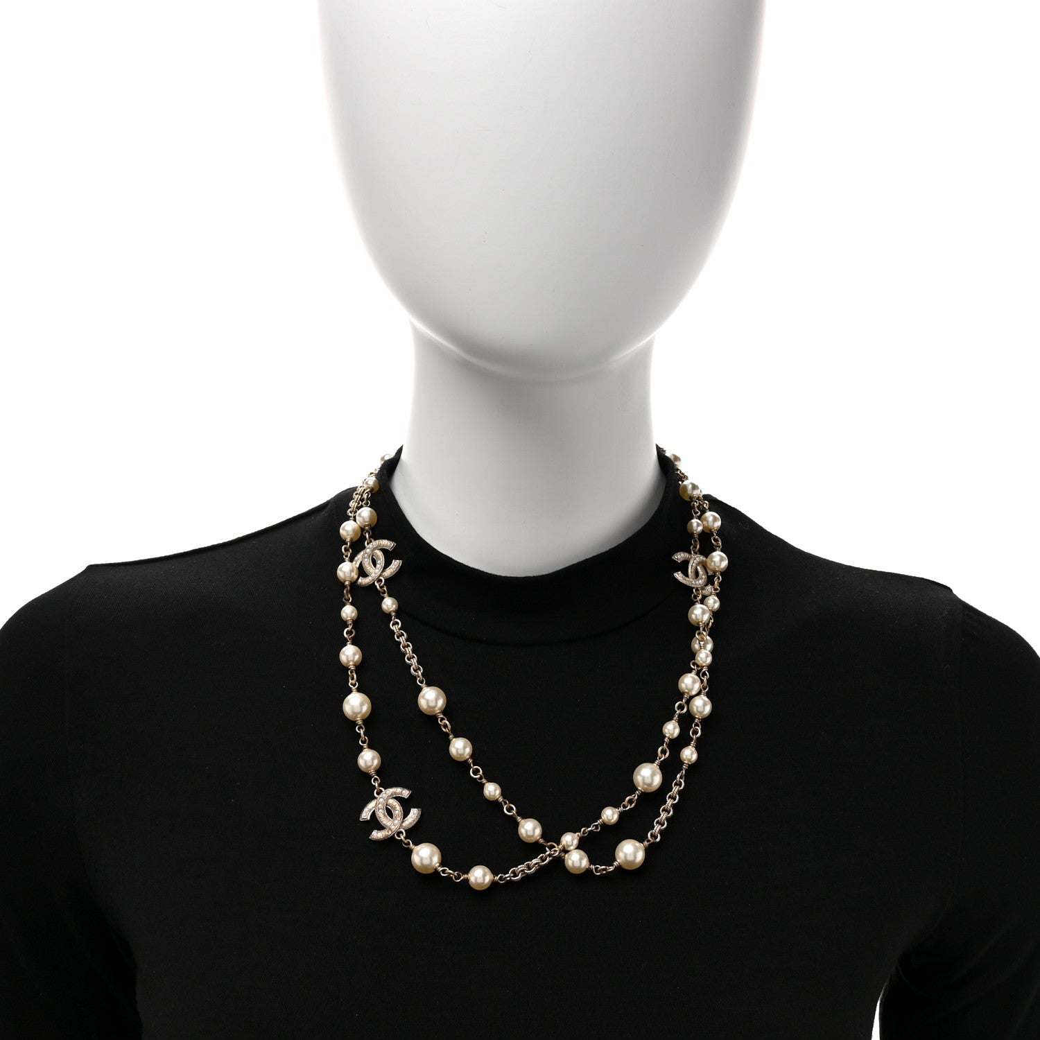 Chanel Pearl Crystal CC Long Necklace Gold 2 of 5