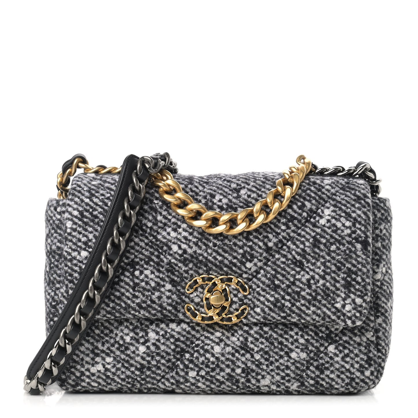 Tweed Quilted Medium Chanel 19 Flap Black White