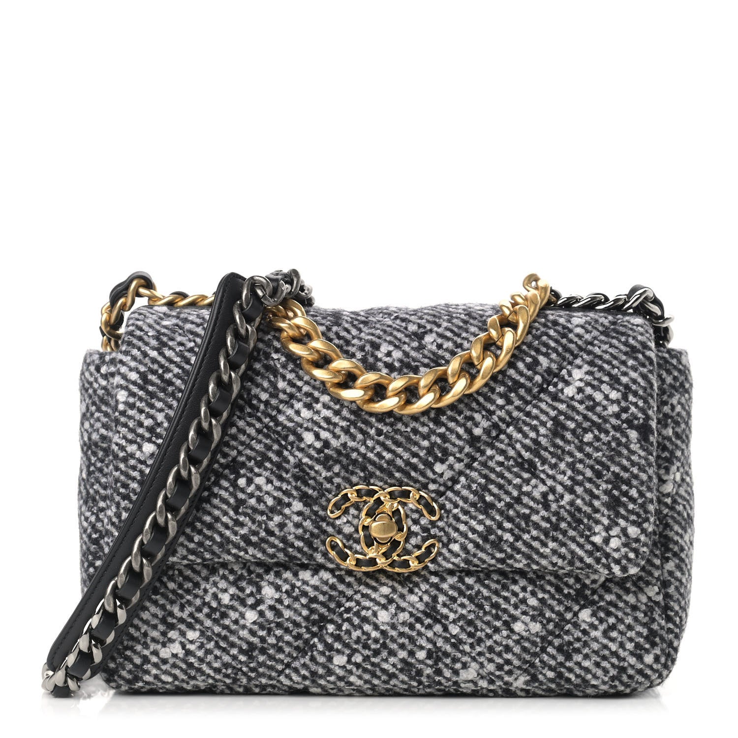 Chanel Tweed Quilted Medium Chanel 19 Flap Black White 1 of 9