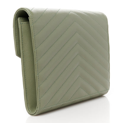 Saint Laurent Grain De Poudre Matelasse Chevron Monogram Envelope Clutch Light Sage 3 of 11
