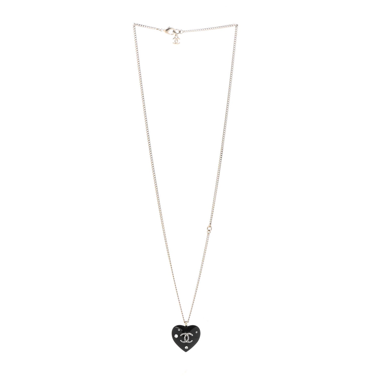 Chanel Resin Crystal CC Heart Necklace Black Gold 3 of 6