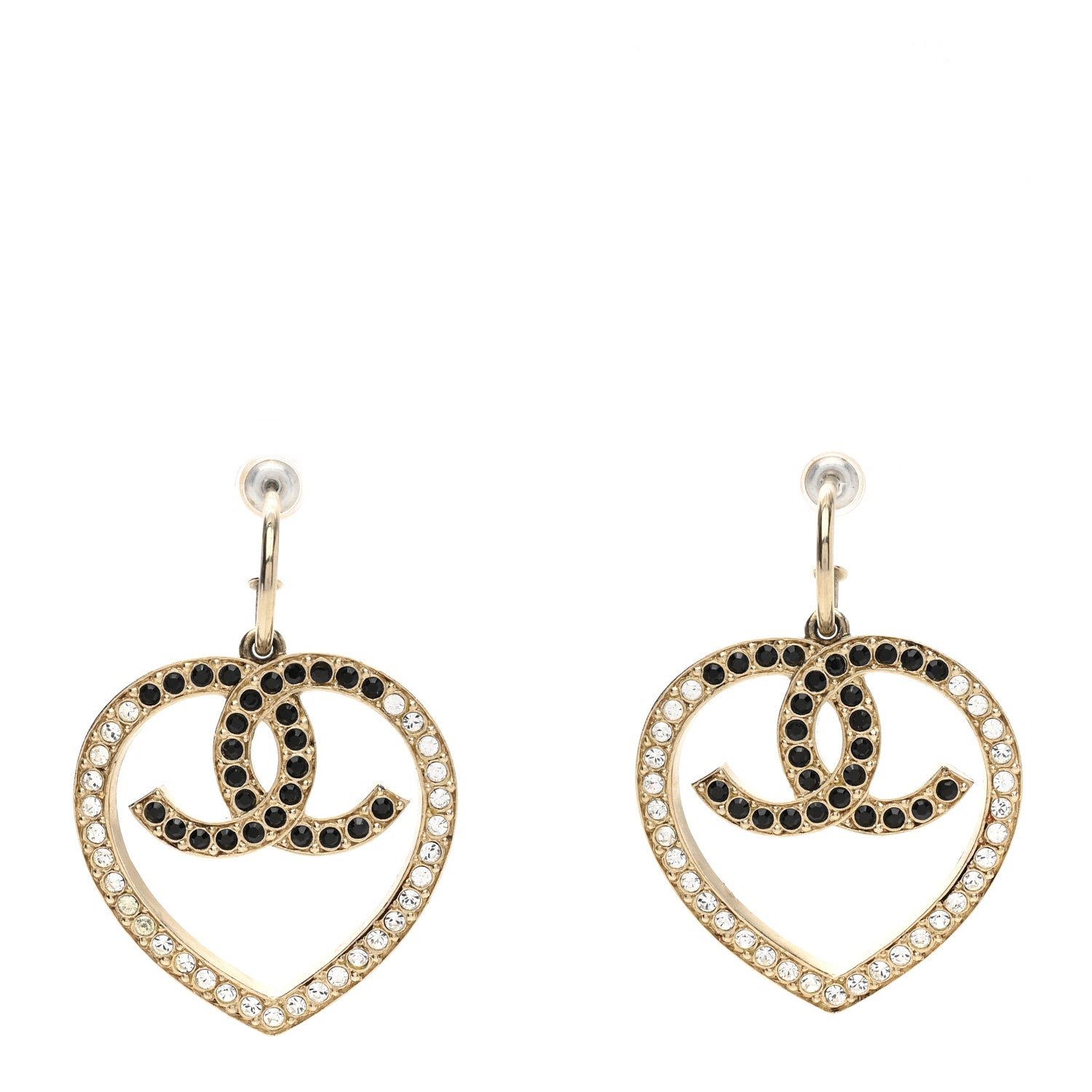 Chanel Metal Crystal CC Heart Drop Earrings Gold Black 1 of 4