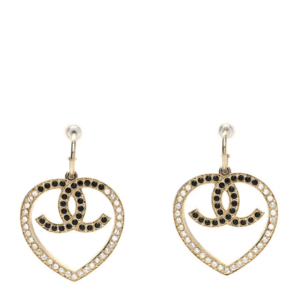 Chanel Metal Crystal CC Heart Drop Earrings Gold Black 1 of 4