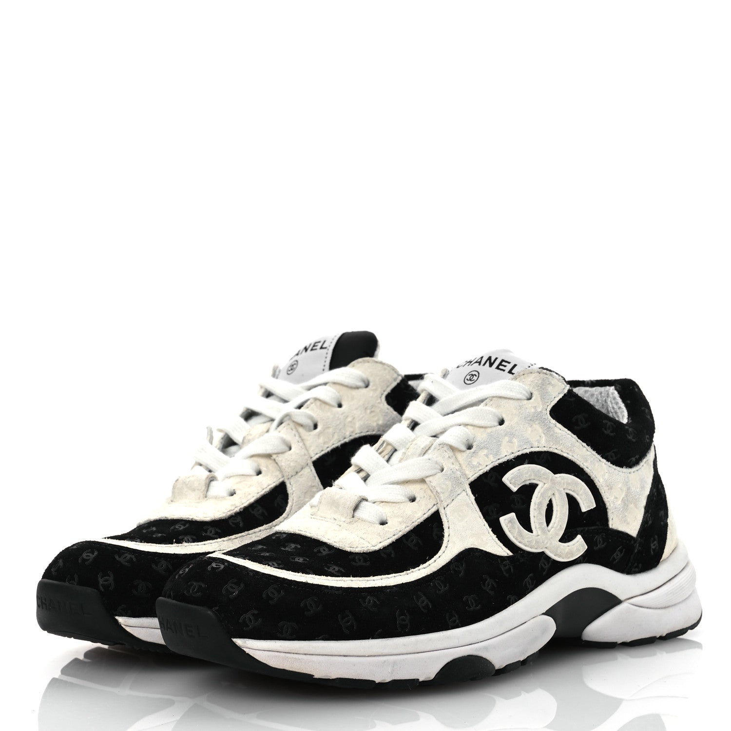 Chanel Suede Calfskin Printed CC Sneakers 36 White Black 4 of 13
