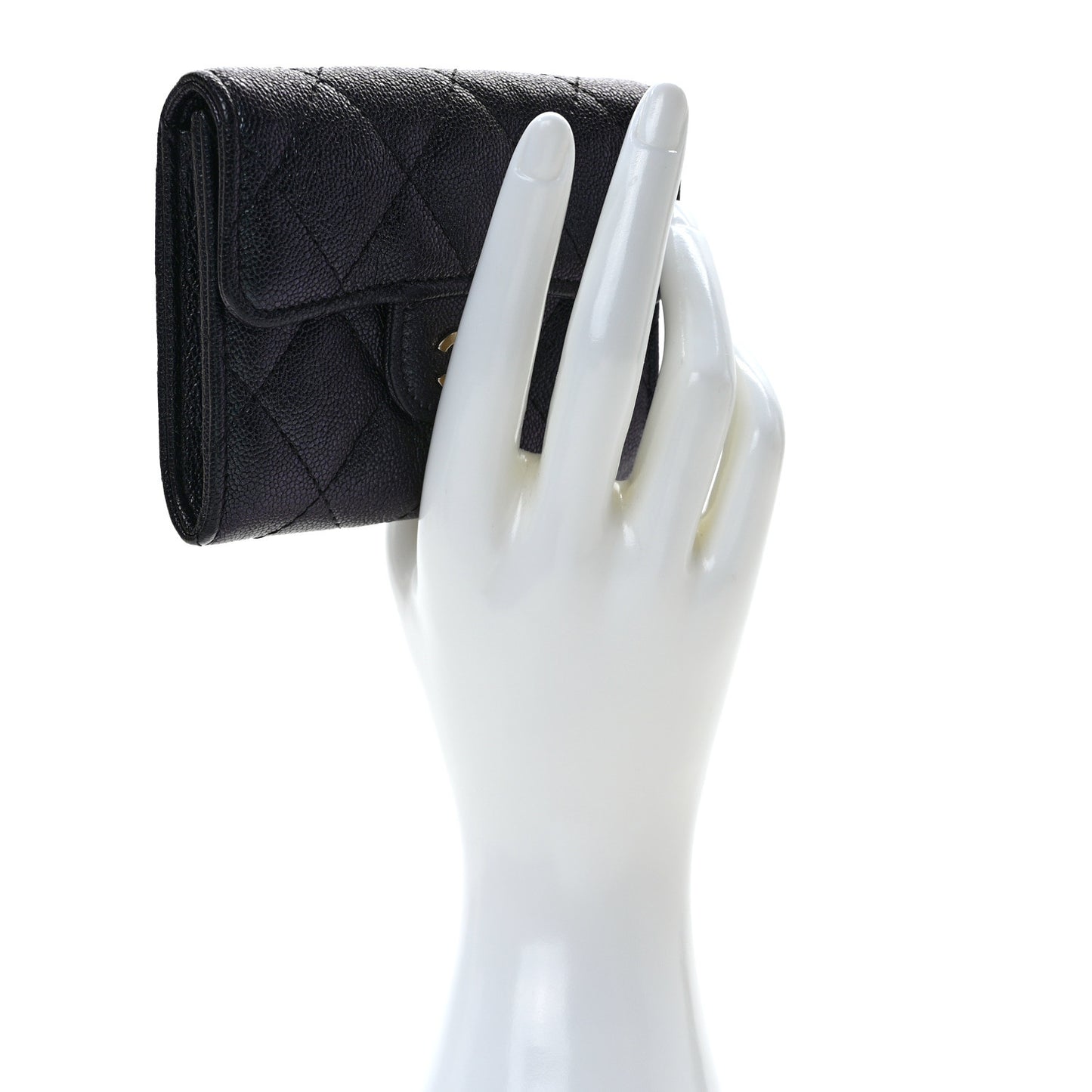 Iridescent Caviar Quilted Flap Card Holder Wallet Black