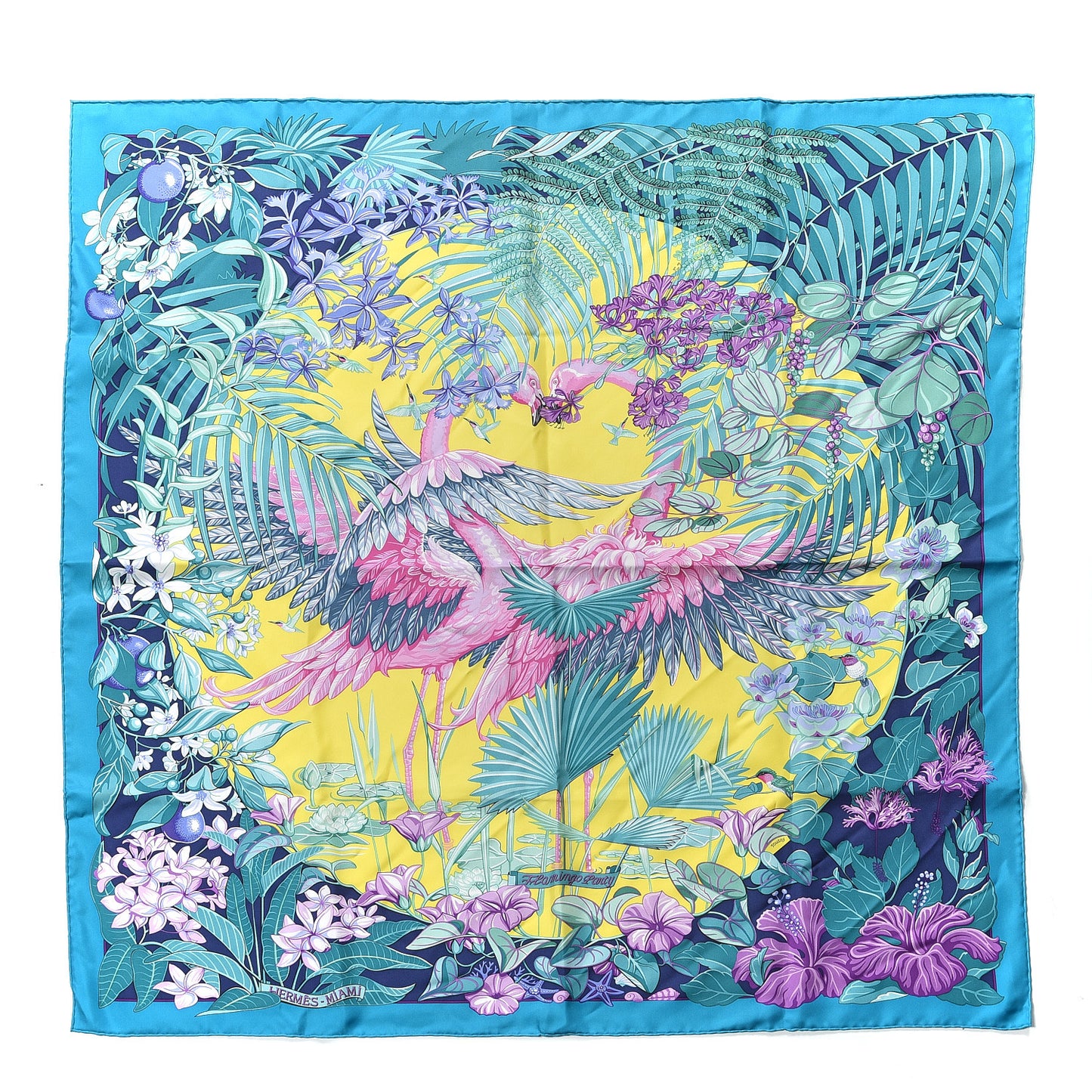 Silk Tatouage Flamingo Party Scarf 90 Turquoise Vert Jaune
