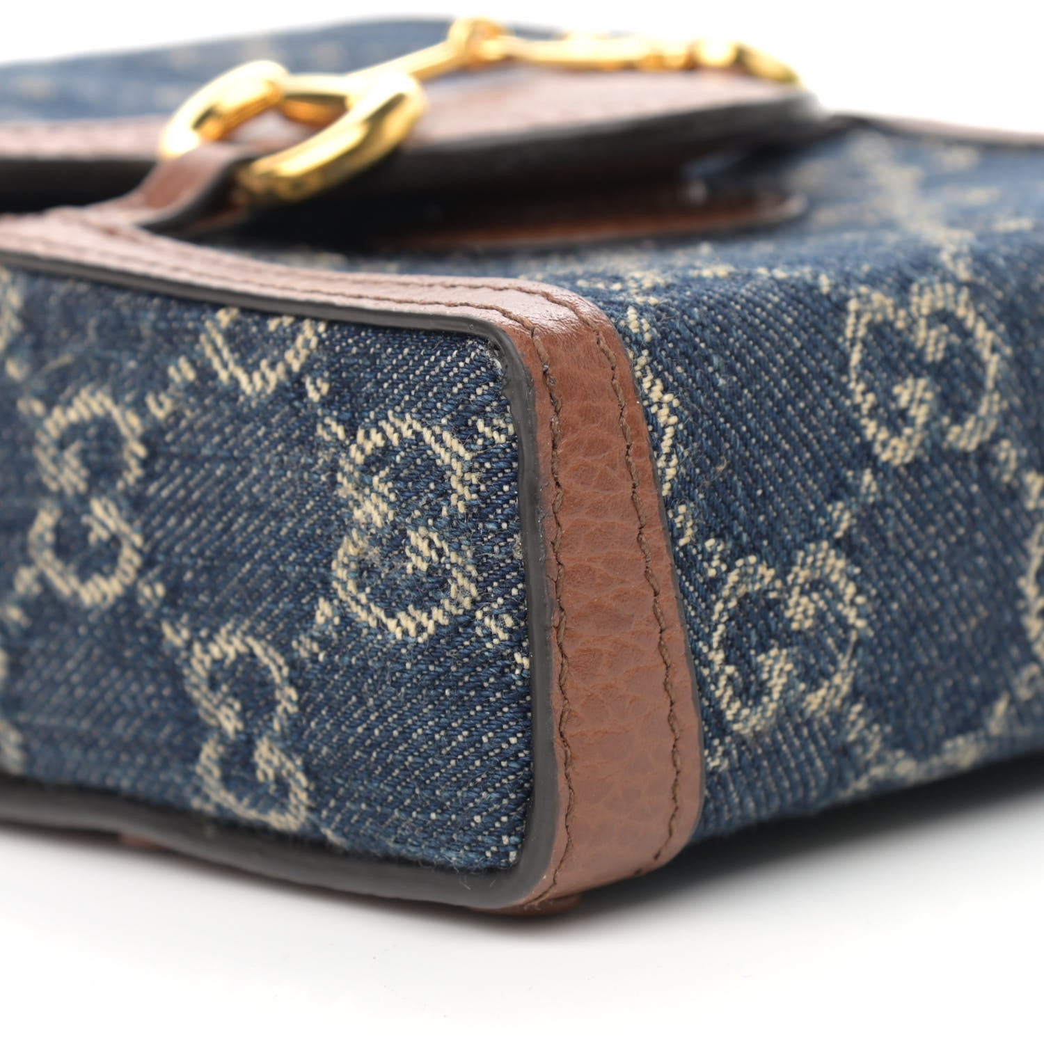 Gucci New Denim GG Monogram Dollar Calfskin Mini Horsebit 1955 Crossbody Bag Blue Tea Cuir Epilog 8 of 13