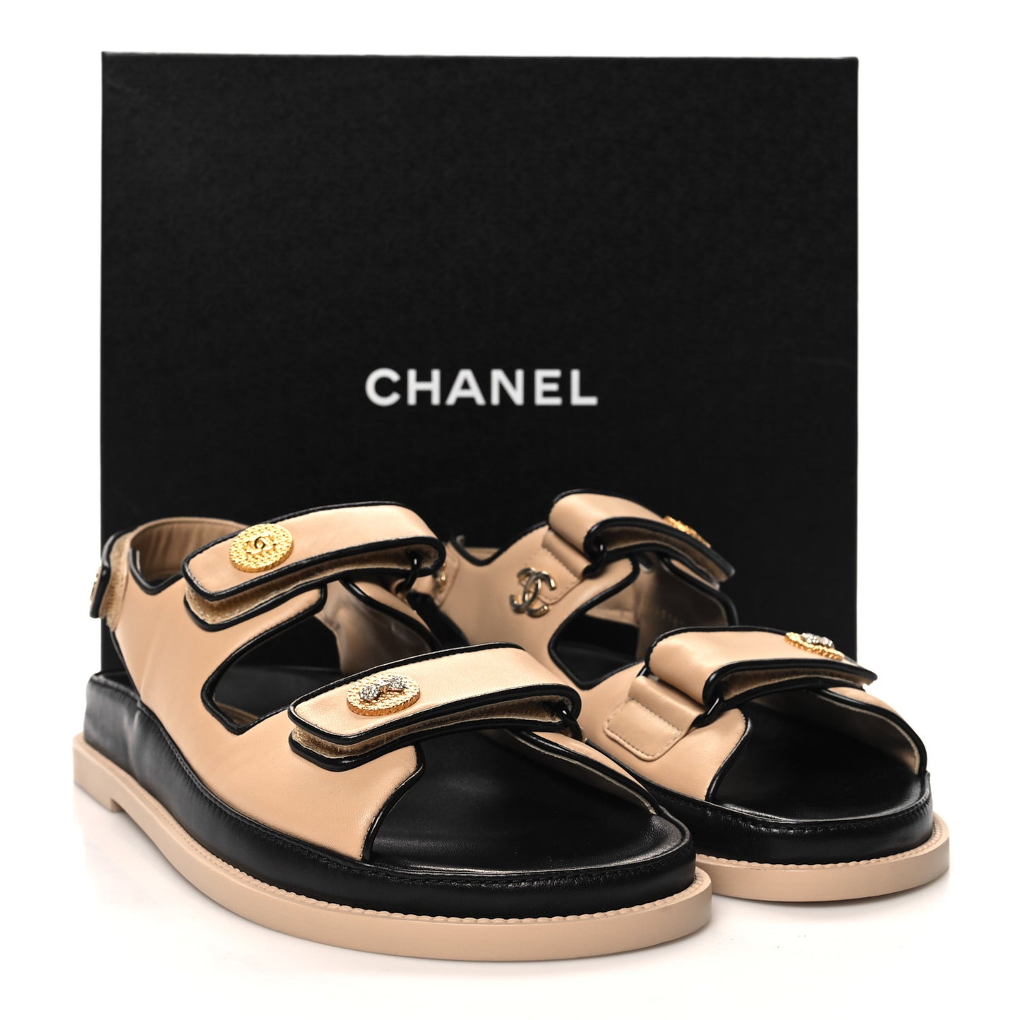 Lambskin Velcro Dad Slide Sandals 41 Beige Black