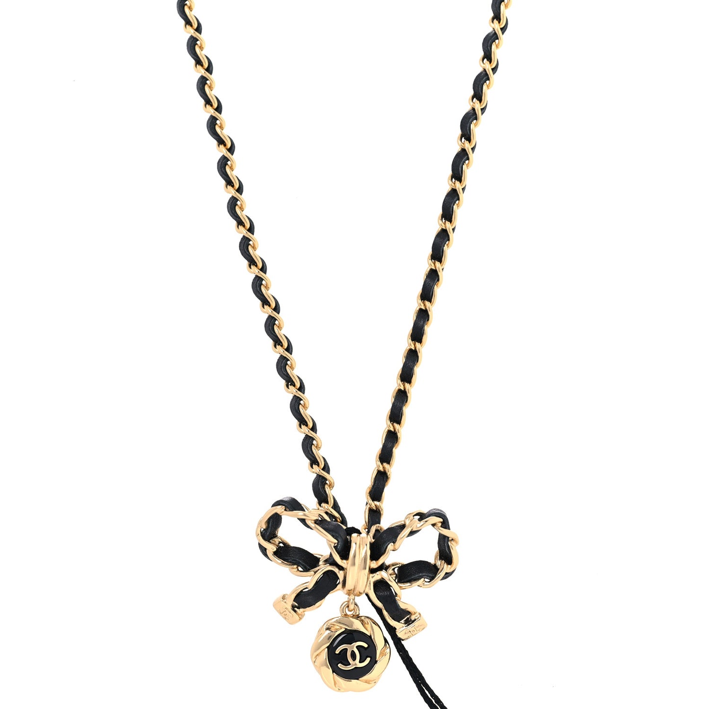 Metal Lambskin Chain CC Bow Necklace Black Gold