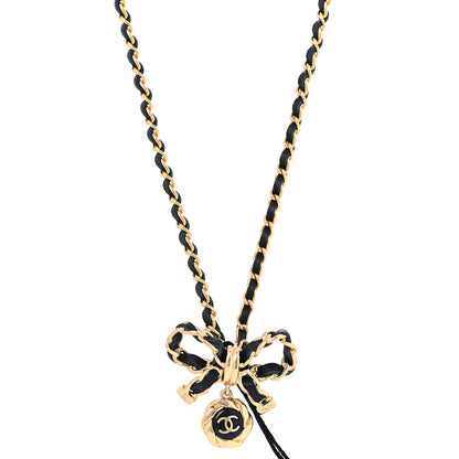 Chanel Metal Lambskin Chain CC Bow Necklace Black Gold 1 of 5
