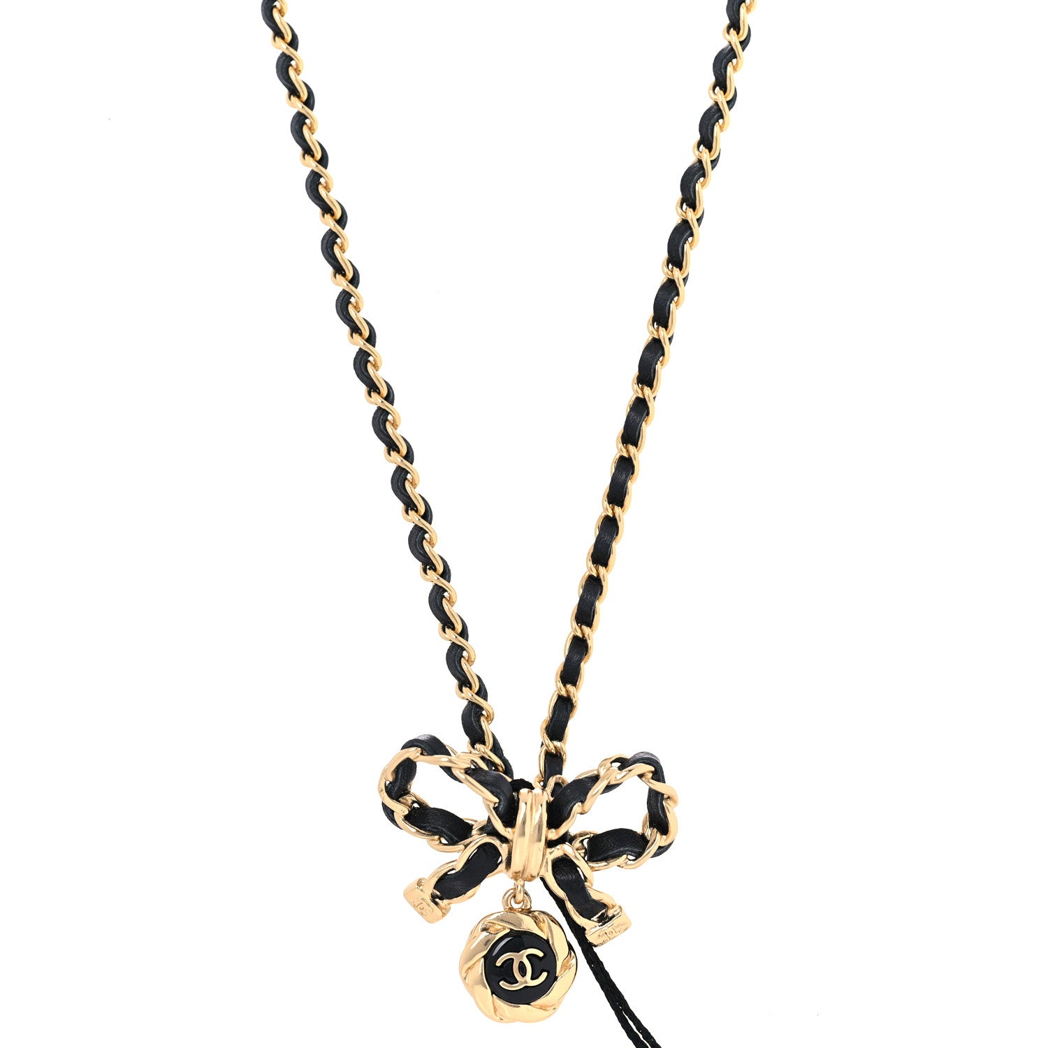 Chanel Metal Lambskin Chain CC Bow Necklace Black Gold 1 of 5