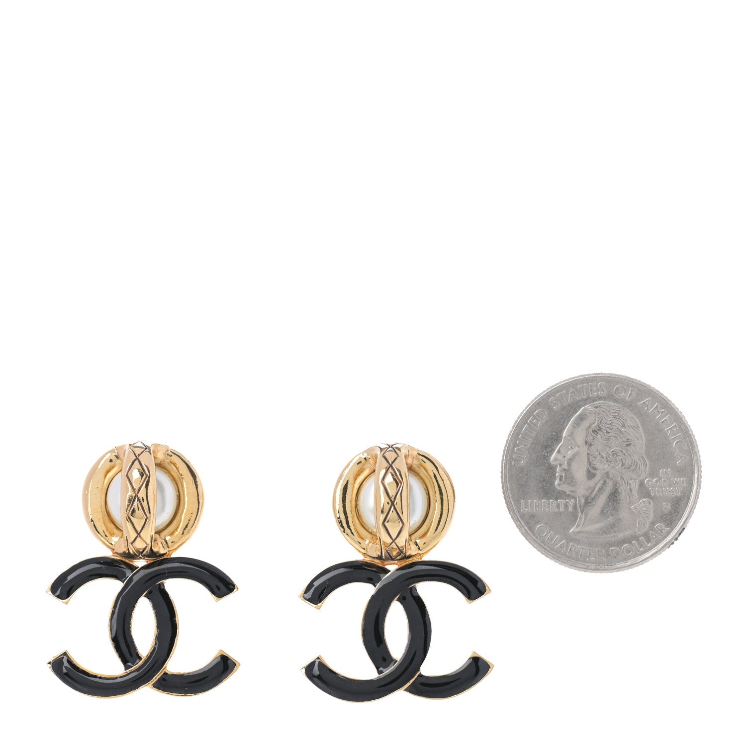 Chanel Pearl Resin CC Drop Earrings Gold Black 2 of 5