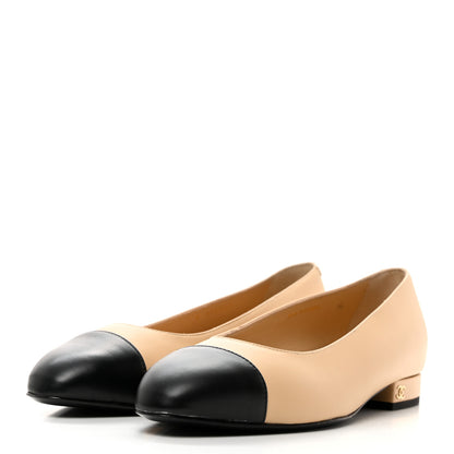 Chanel Lambskin Cap Toe CC Uniform Ballerina Flats 37.5 Beige Black 3 of 9