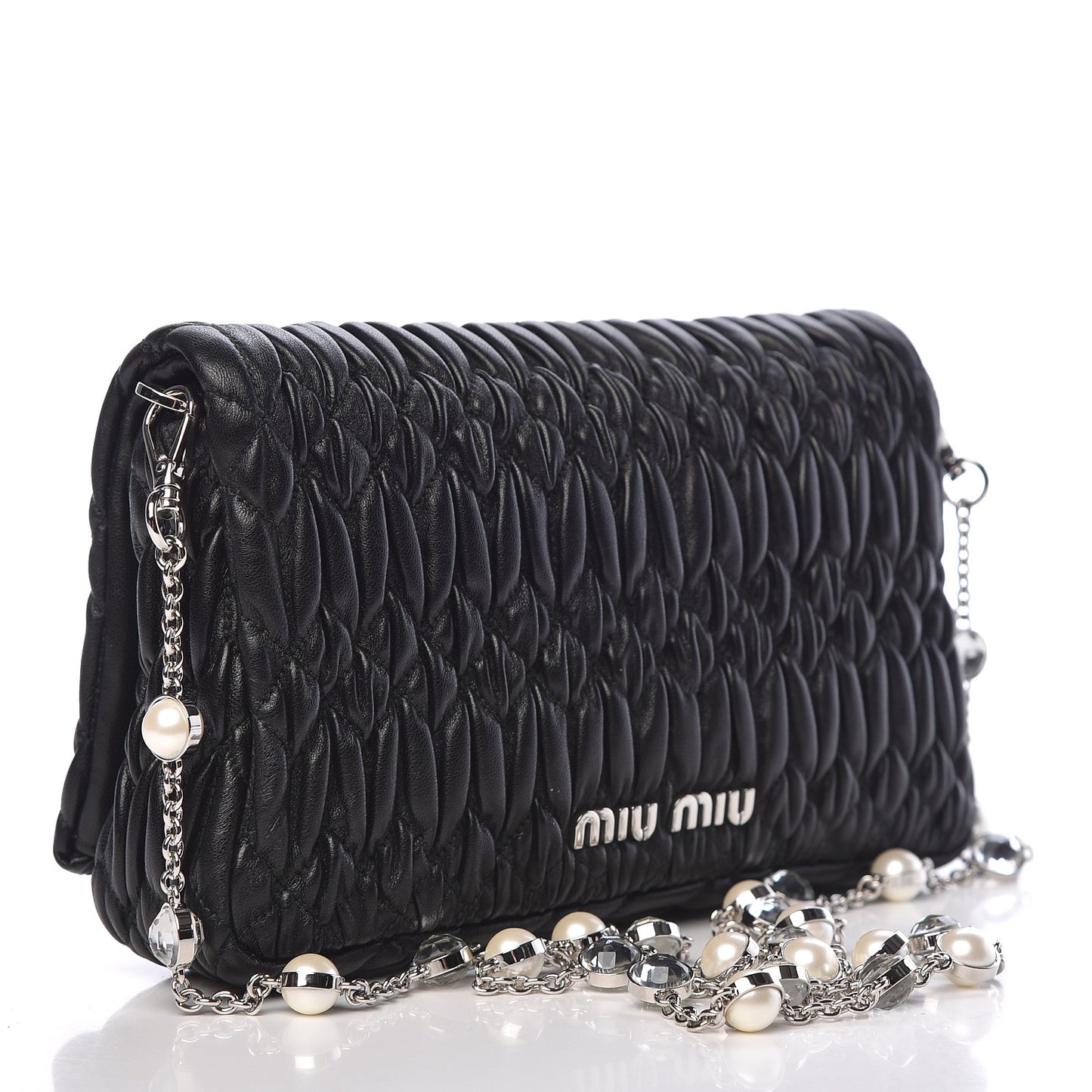 Nappa Matelasse Crystal Pearl Flap Clutch Black