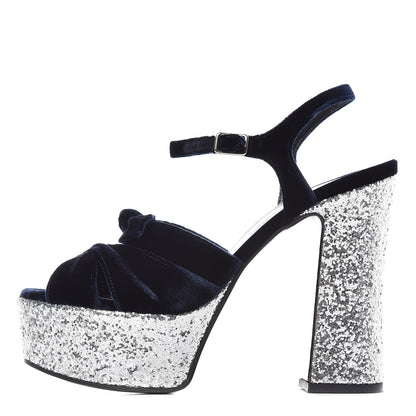 Saint Laurent Velvet Glitter Claire Candy Bow 80 Platform Sandal 37 Marine Argento 1 of 9